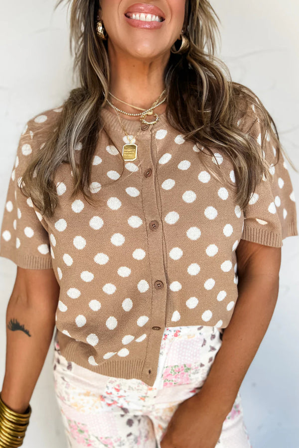 KaleaBoutique Comfortable Polka Dot Short Sleeve Button Down Sweater Cardigan - KaleaBoutique.com