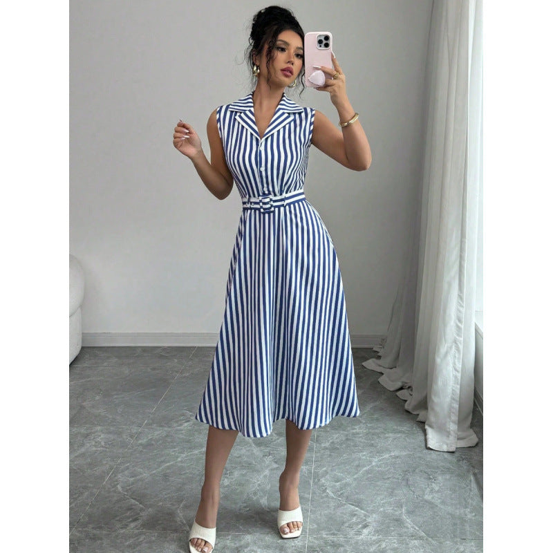 Women's Striped Sleeveless Collared Belted Midi Dress - KaleaBoutique.com