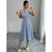 Women's Striped Sleeveless Collared Belted Midi Dress - KaleaBoutique.com