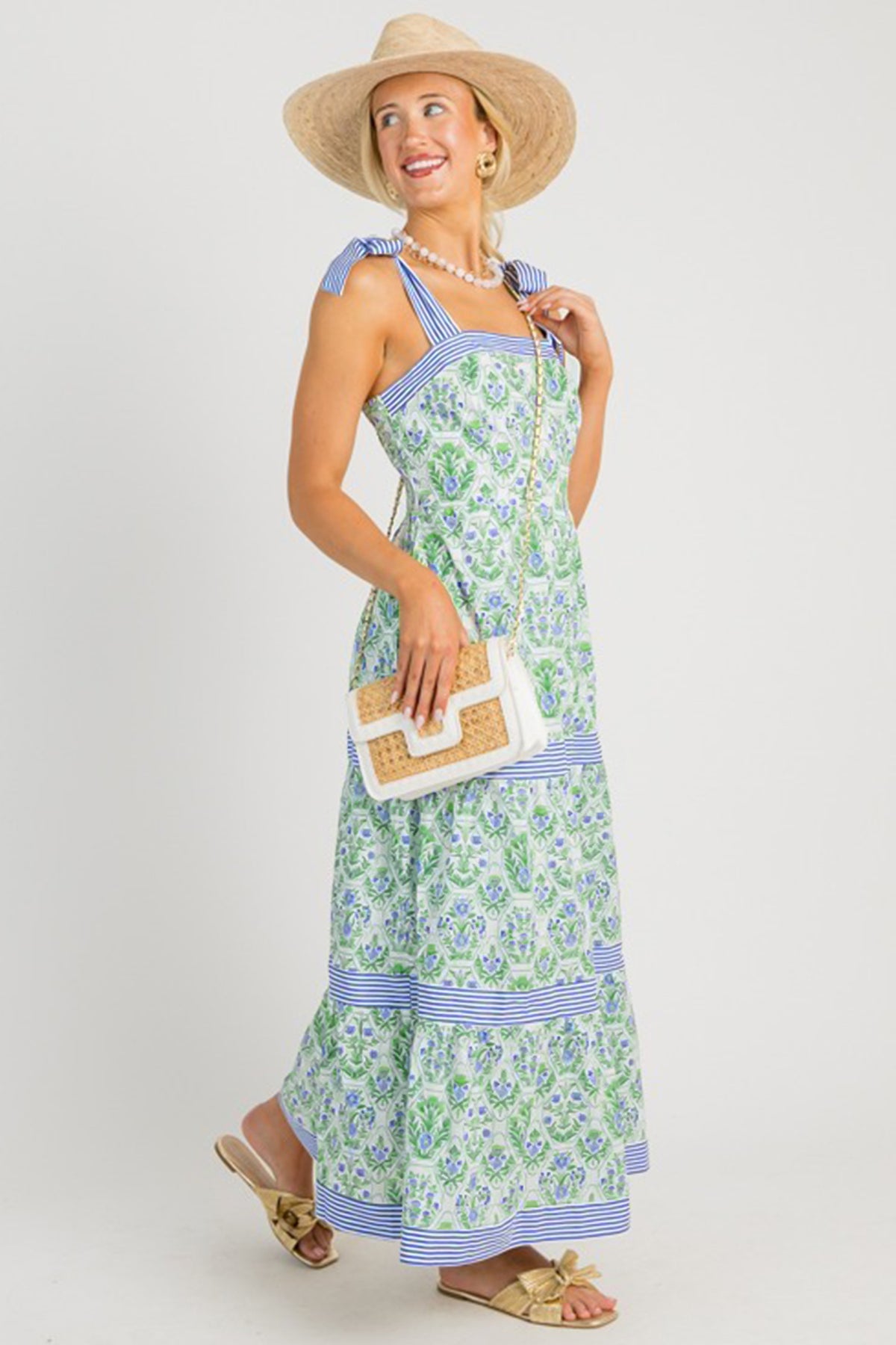 KaleaBoutique Stylish Geometric Floral Print Striped Patchwork Detail Sleeveless Dress（Runs Small ） - KaleaBoutique.com