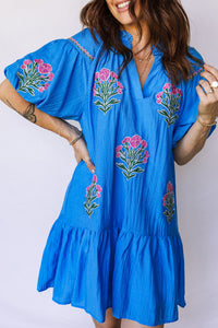 KaleaBoutique Stylish Flower Embroidered Split Neck Short Puff Sleeve Ruffle Hem Dress - KaleaBoutique.com