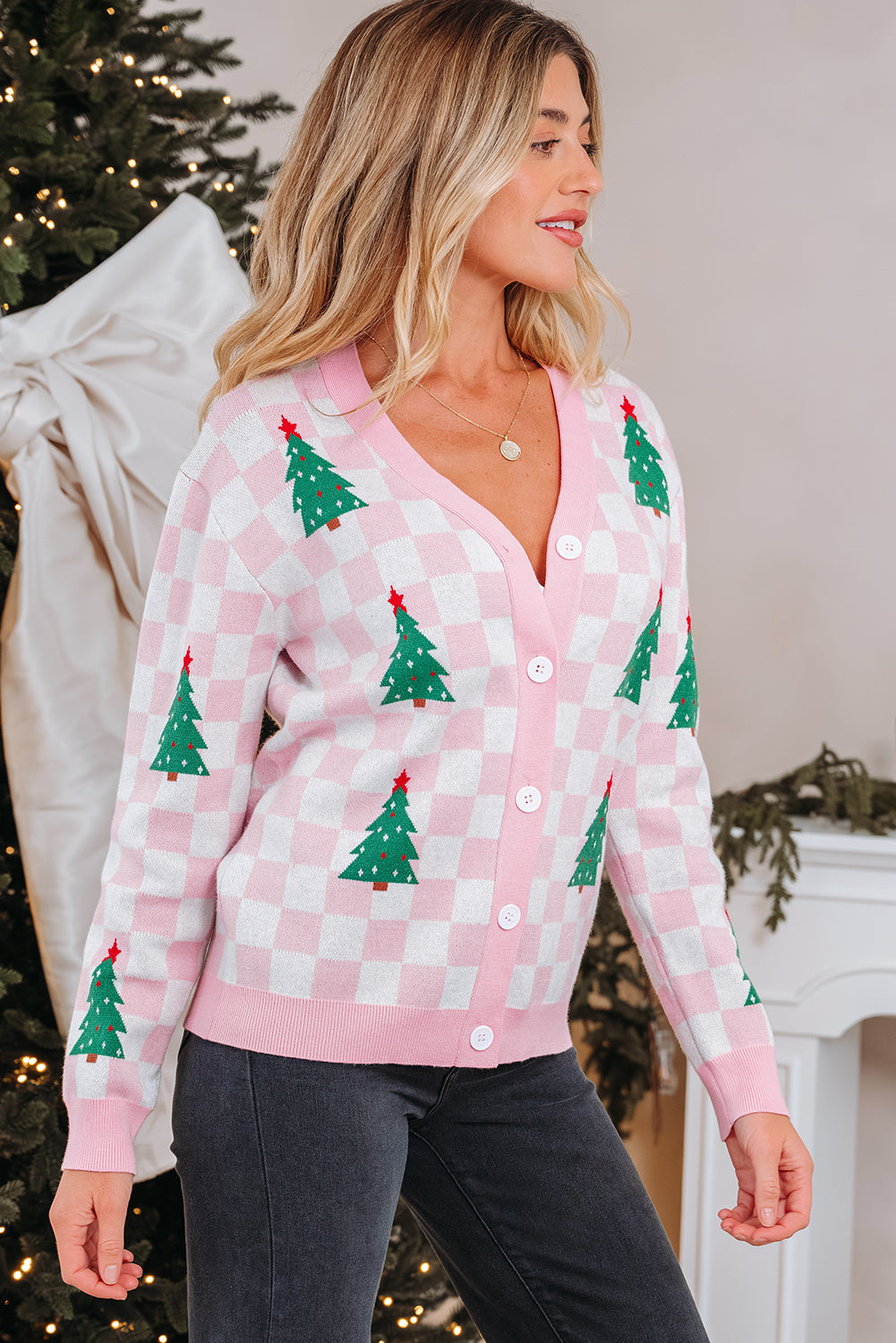 KaleaBoutique Comfortable Checkered Christmas Tree Pattern Button V Neck Cardigan Sweater - KaleaBoutique.com
