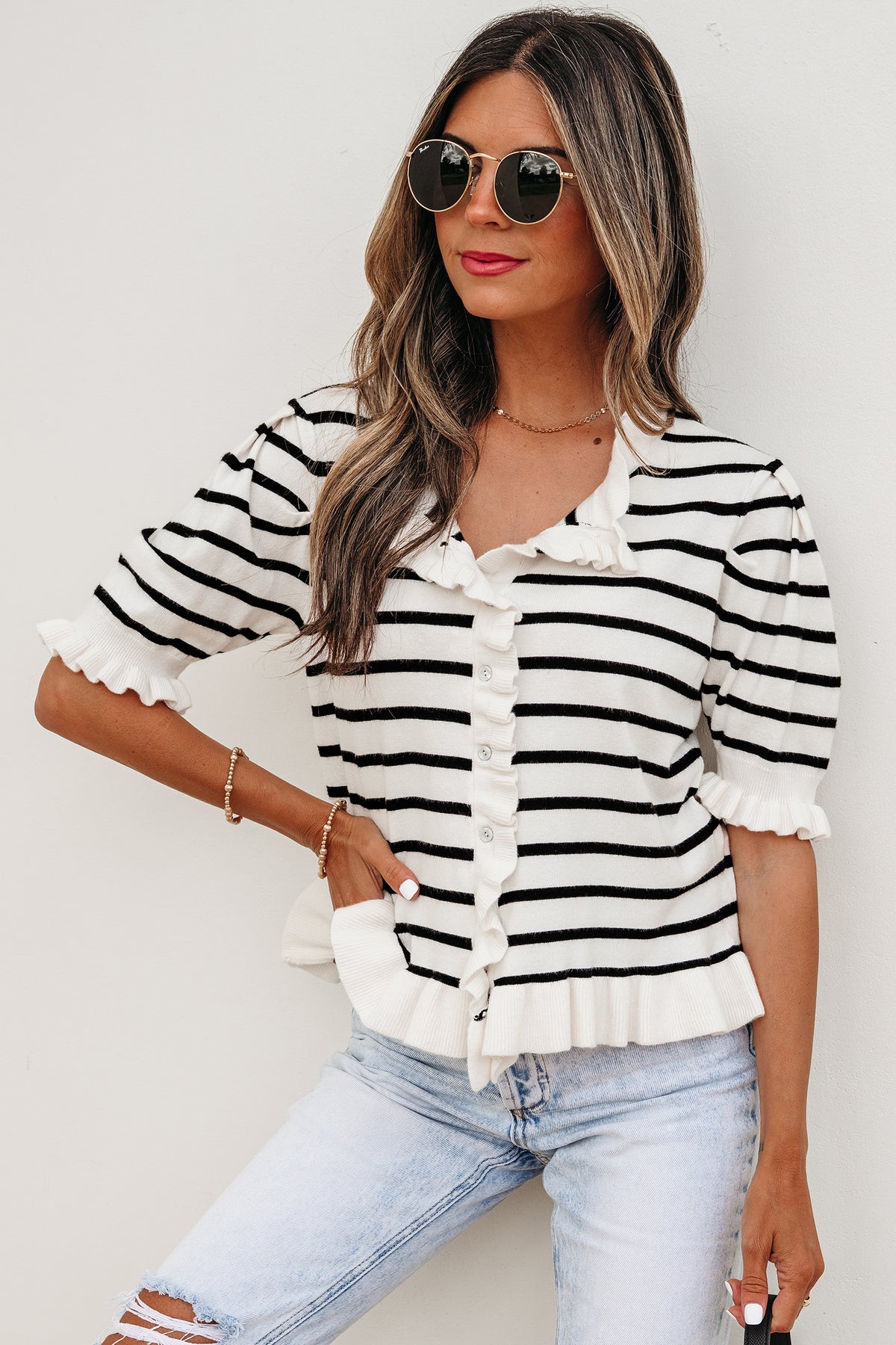 KaleaBoutique Comfortable Ruffle Trim Button Down Knit Short Sleeve Sweater Cardigan - KaleaBoutique.com