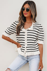 KaleaBoutique Comfortable Ruffle Trim Button Down Knit Short Sleeve Sweater Cardigan - KaleaBoutique.com