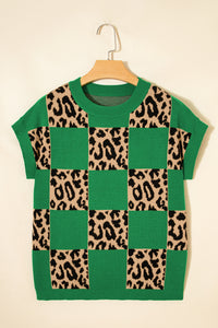KaleaBoutique Stylish Leopard Checkerboard Short Sleeve Knit Sweater - KaleaBoutique.com