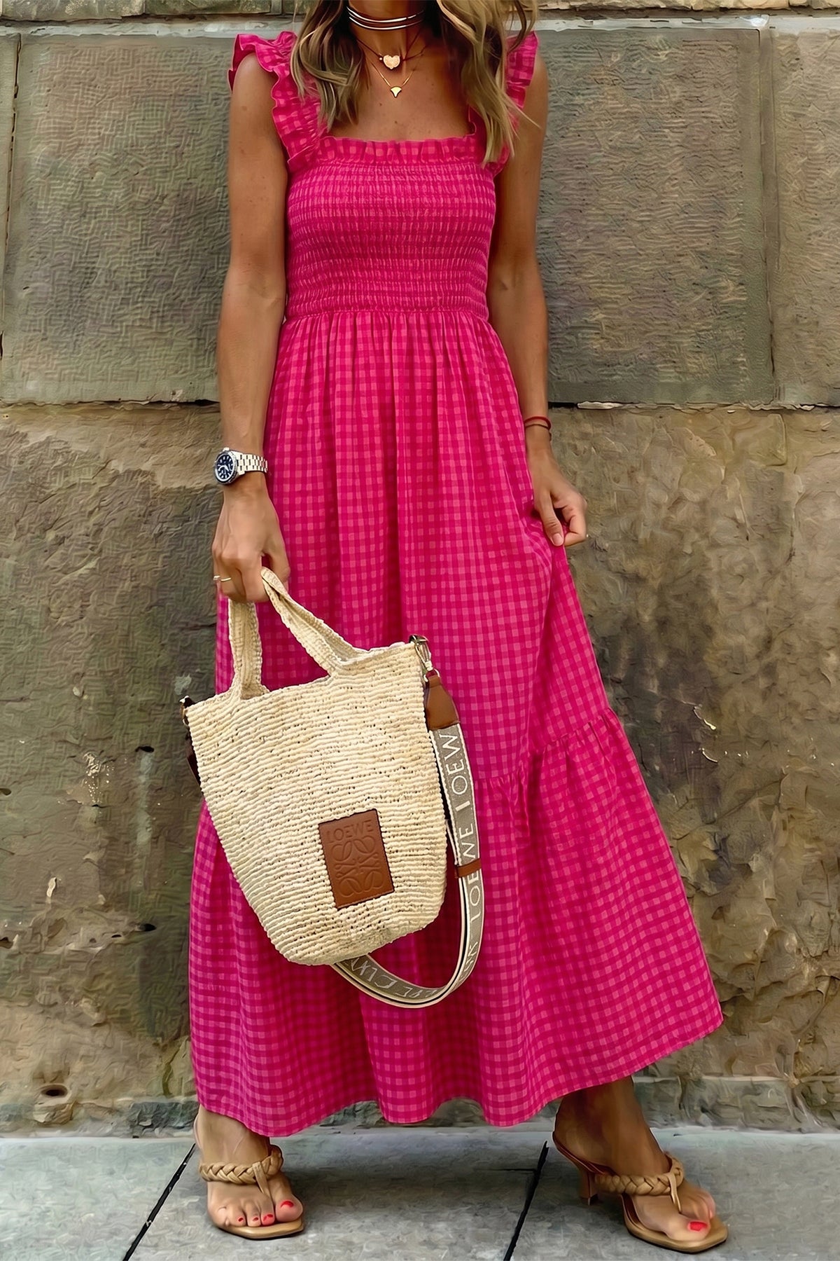 KaleaBoutique Comfortable Plaid Square Neck Fit-and-flared Vacation Sundress - KaleaBoutique.com