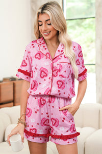KaleaBoutique Stylish Sweet Heart Cake Print Contrast Ruffle Trim Valentines 2pcs Pajama Set - KaleaBoutique.com