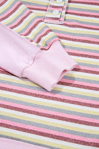 KaleaBoutique Stylish Exposed Seam Color Block Striped Patchwork Loose Henley Sweatshirt - KaleaBoutique.com