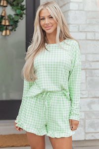 KaleaBoutique Stylish Gingham Long Sleeve Loose Top Drawstring Shorts 2pcs Lounge Set - KaleaBoutique.com