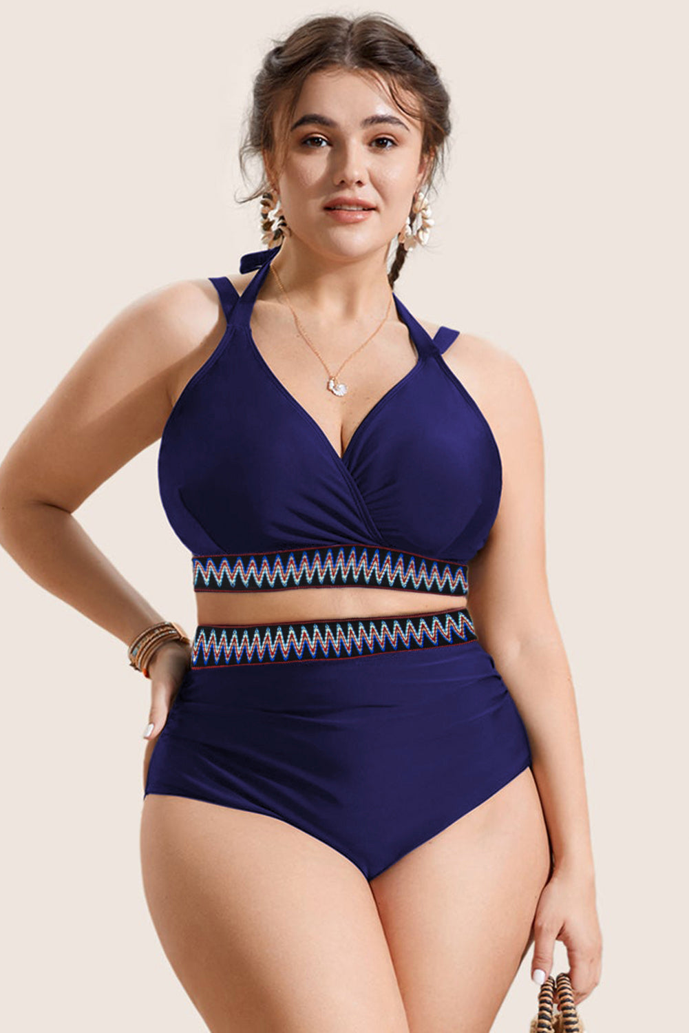 Embroidered Trim Wrap Tie Knot Plus Size High Waisted Bikini - KaleaBoutique.com