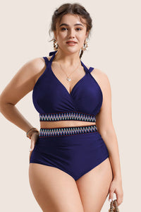 Embroidered Trim Wrap Tie Knot Plus Size High Waisted Bikini - KaleaBoutique.com