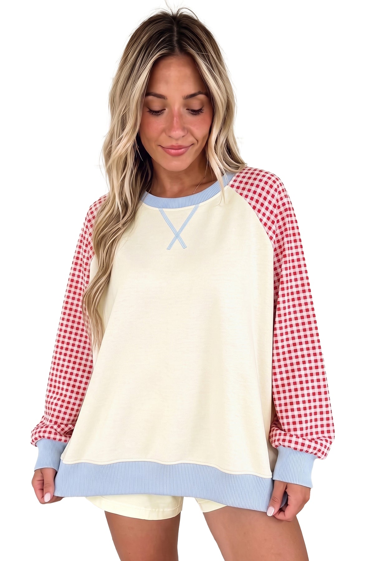KaleaBoutique Comfortable Plaid Sleeve Colorblock Raglan Pullover Sweatshirt - KaleaBoutique.com