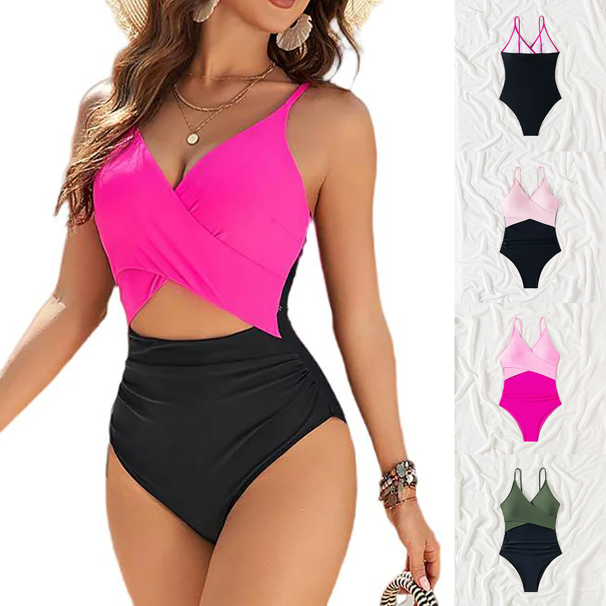 Women's Colorblock Wrap-Front Cutout One-Piece Swimsuit - KaleaBoutique.com