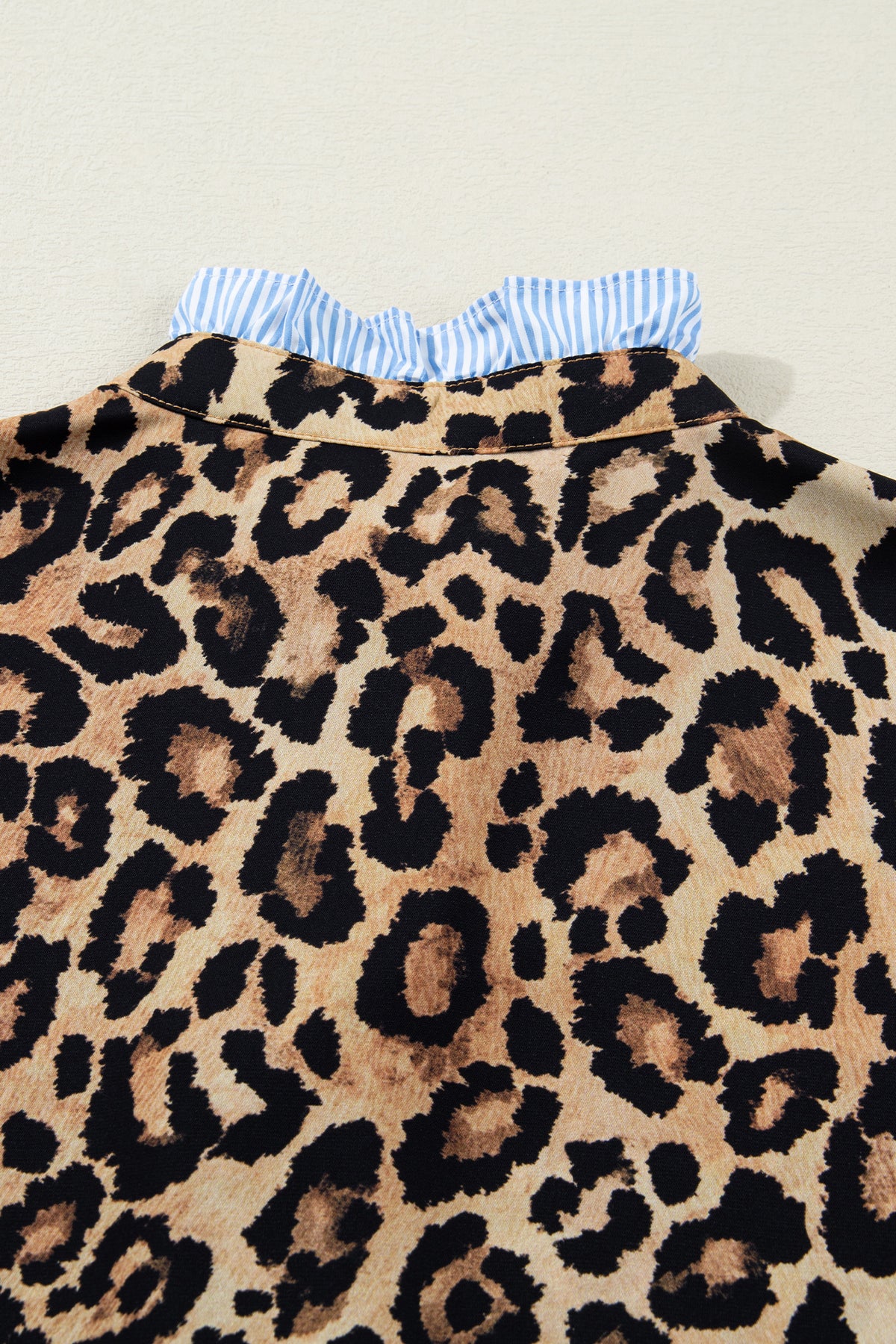 Stylish KaleaBoutique Wild Leopard Print Contrast Striped Frilled Trim Chic Shirt - KaleaBoutique.com