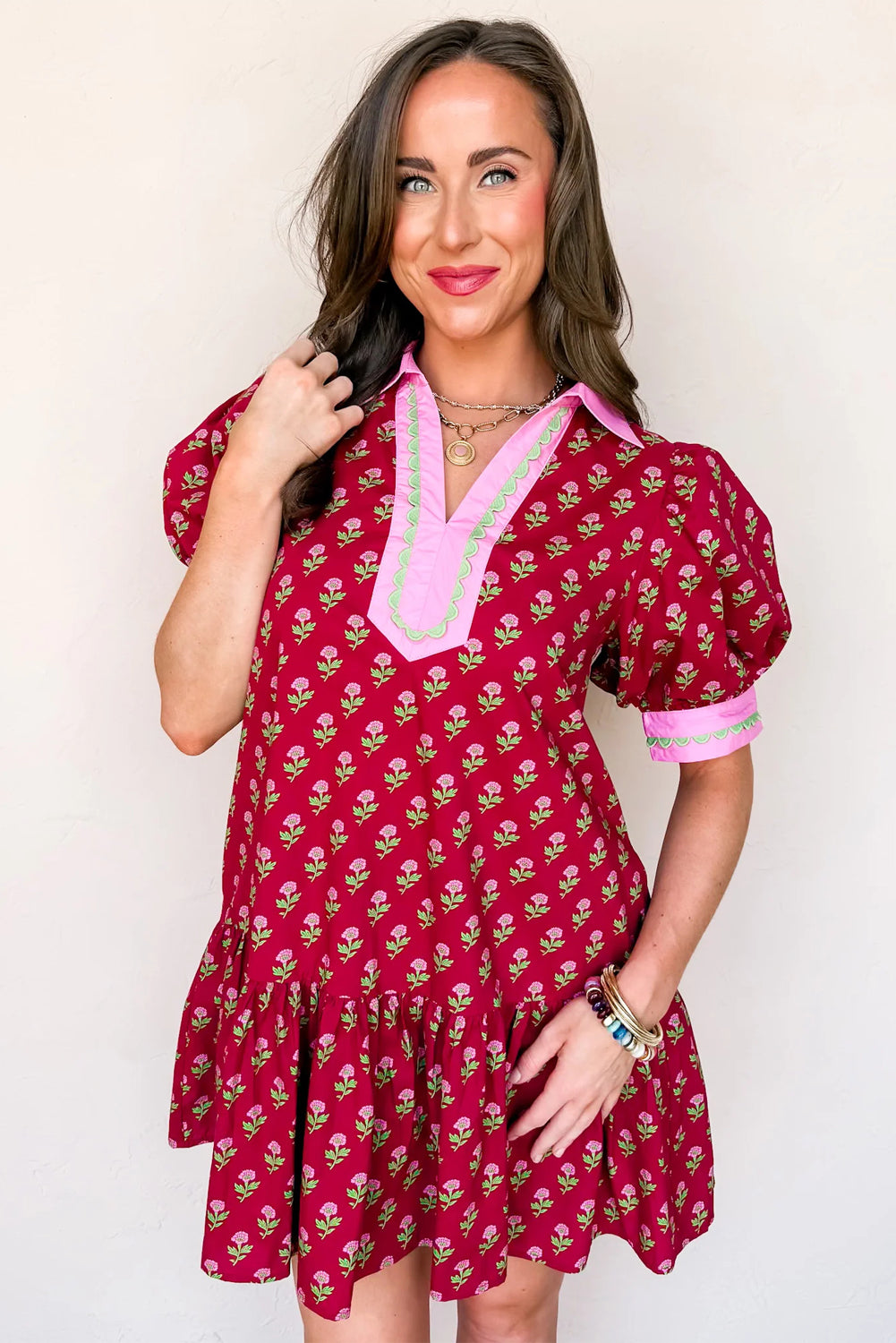Floral Print Contrasted V Neck Short Bubble Sleeve Mini Dress - KaleaBoutique.com