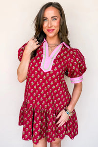 Floral Print Contrasted V Neck Short Bubble Sleeve Mini Dress - KaleaBoutique.com