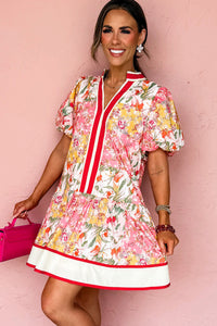 KaleaBoutique Stylish Color Block Floral Print Contrast Trim V Neck Ruffle Hem Mini Dress - KaleaBoutique.com