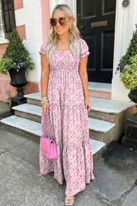KaleaBoutique Comfortable Floral Short Bubble Sleeve Shirred High Waist Maxi Dress - KaleaBoutique.com