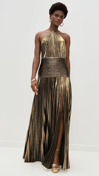 Women's Metallic-Look Pleated Halter-Neck Slit Maxi Dress - KaleaBoutique.com