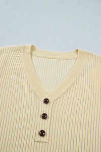KaleaBoutique Comfortable V Neck Ribbed Knit Striped Trim Short Sleeve Sweater - KaleaBoutique.com