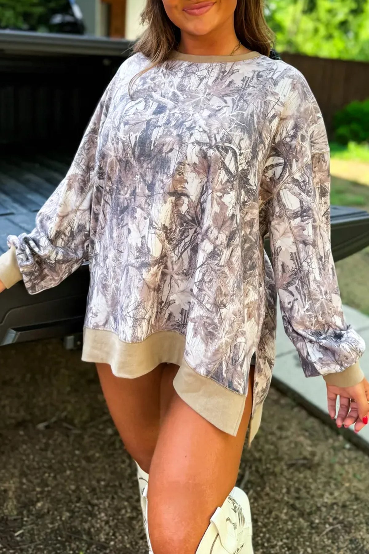 KaleaBoutique Comfortable Abstract Camo Print Colorblock Trim Side Split Tunic Sweatshirt - KaleaBoutique.com