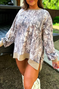 KaleaBoutique Comfortable Abstract Camo Print Colorblock Trim Side Split Tunic Sweatshirt - KaleaBoutique.com
