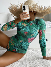 Women Tropical Floral Long-Sleeve Open-Back One-Piece Swimsuit - KaleaBoutique.com
