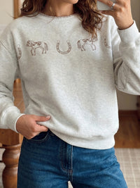 Women's Horse and Horseshoe Embroidered Crewneck Sweater - KaleaBoutique.com