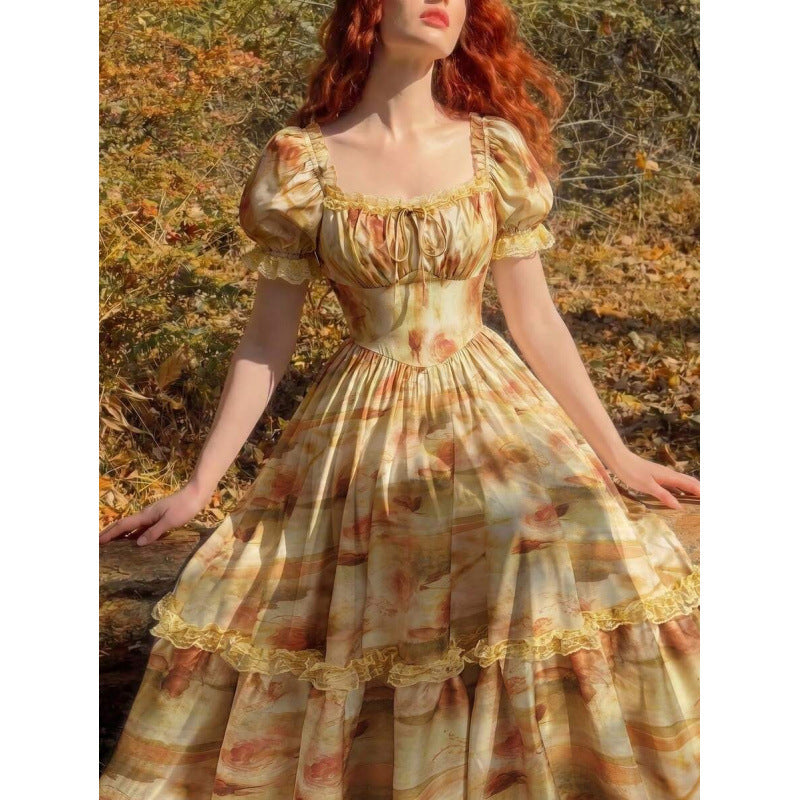 Women's Floral Puff-Sleeve Lace-Trim Ruffle-Hem Maxi Dress - KaleaBoutique.com