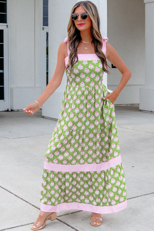 KaleaBoutique Stylish Floral Print Striped Detail Knot Straps Maxi Dress - KaleaBoutique.com