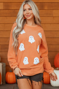 Orange Sequin Ghost Twisted Rib Halloween Sweatshirt - KaleaBoutique.com
