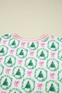 KaleaBoutique Comfortable Bow Christmas Tree Print Contrast Striped Banding 2pcs Lounge Set - KaleaBoutique.com