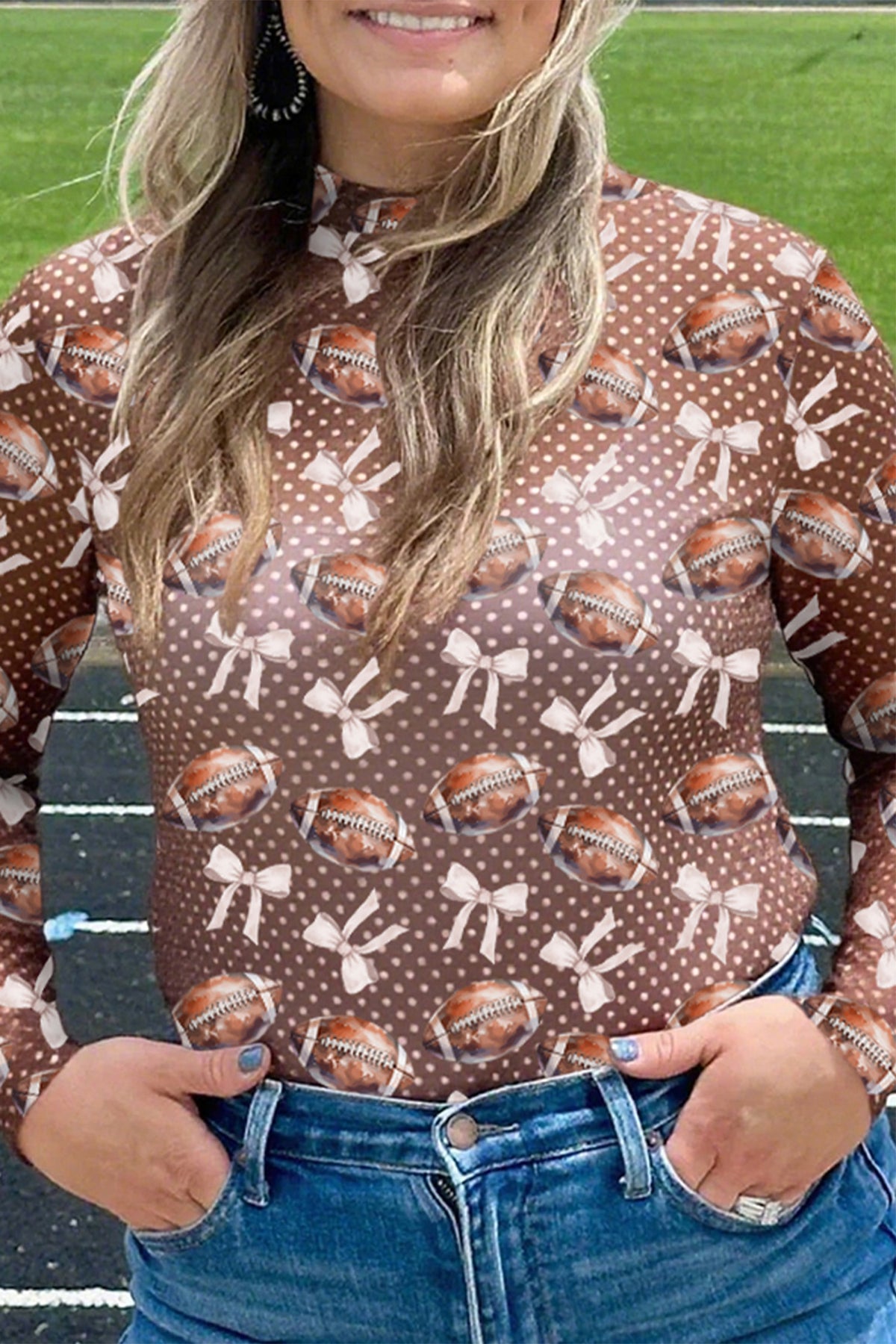 KaleaBoutique Stylish Polka Dot Bow Football Print Long Sleeve Mesh Top - KaleaBoutique.com