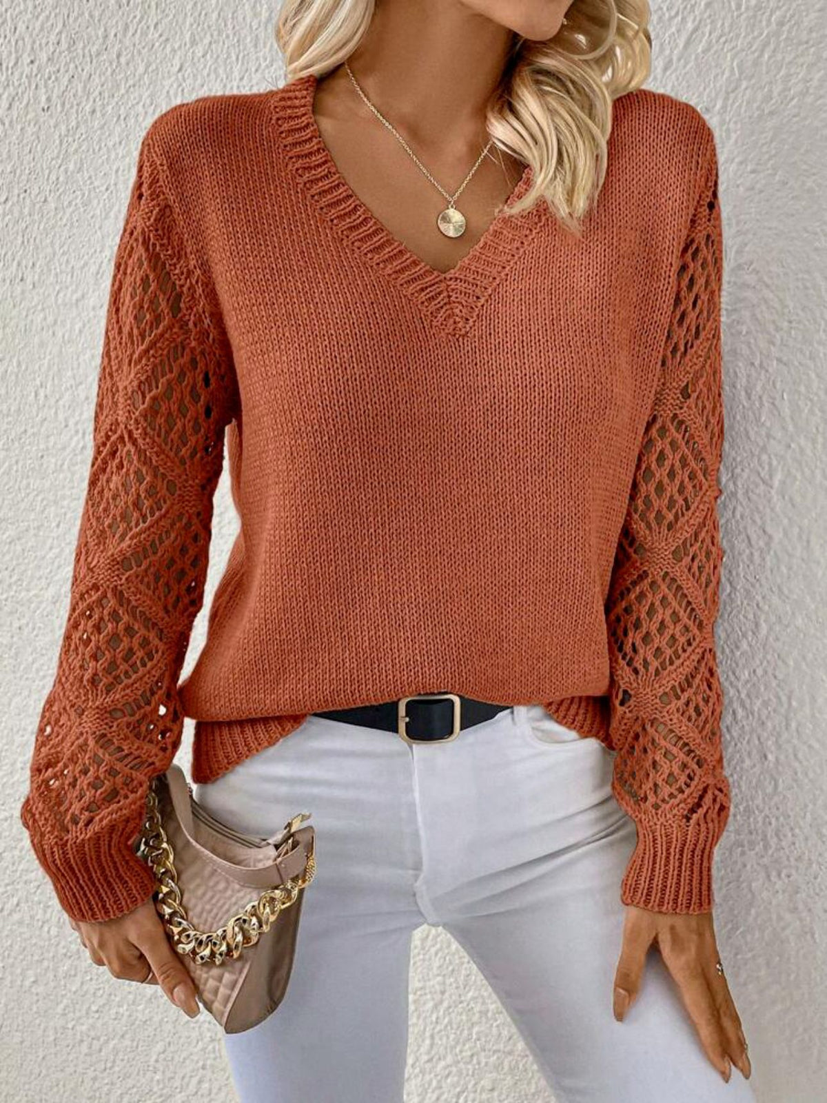 Women's V-Neck Openwork-Sleeve Pullover Sweater - KaleaBoutique.com