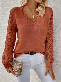 Women's V-Neck Openwork-Sleeve Pullover Sweater - KaleaBoutique.com