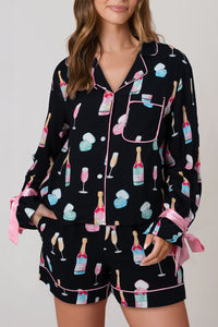 KaleaBoutique Stylish Christmas Wine Glass Print Bow Knot Two Piece Pajama Set - KaleaBoutique.com