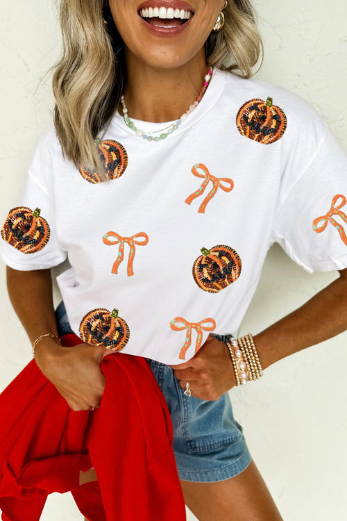 White Sequin Pumpkin Face & Bow Halloween Graphic Tee - KaleaBoutique.com