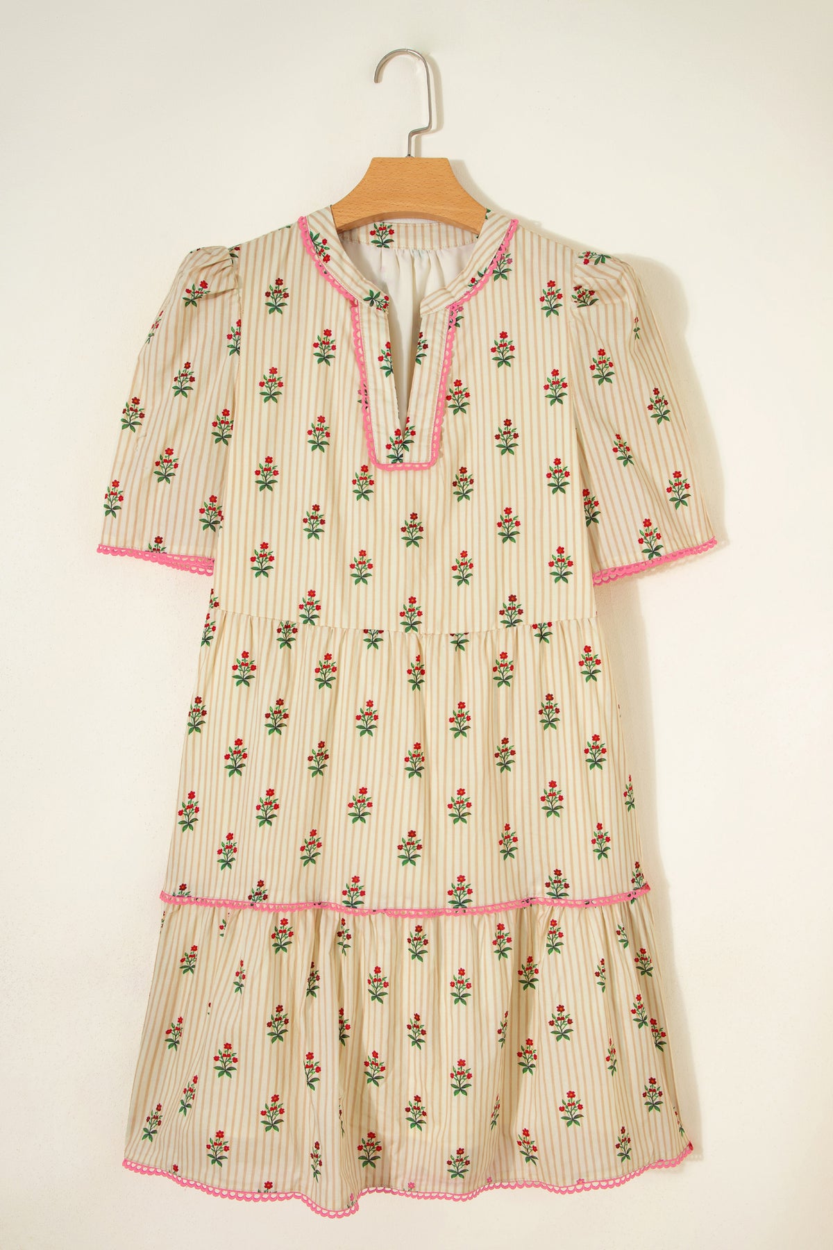 KaleaBoutique Comfortable Striped Floral Print Contrast Detail Ruffle Hem Short Dress - KaleaBoutique.com