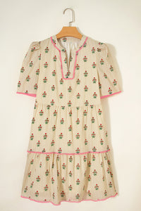 KaleaBoutique Comfortable Striped Floral Print Contrast Detail Ruffle Hem Short Dress - KaleaBoutique.com