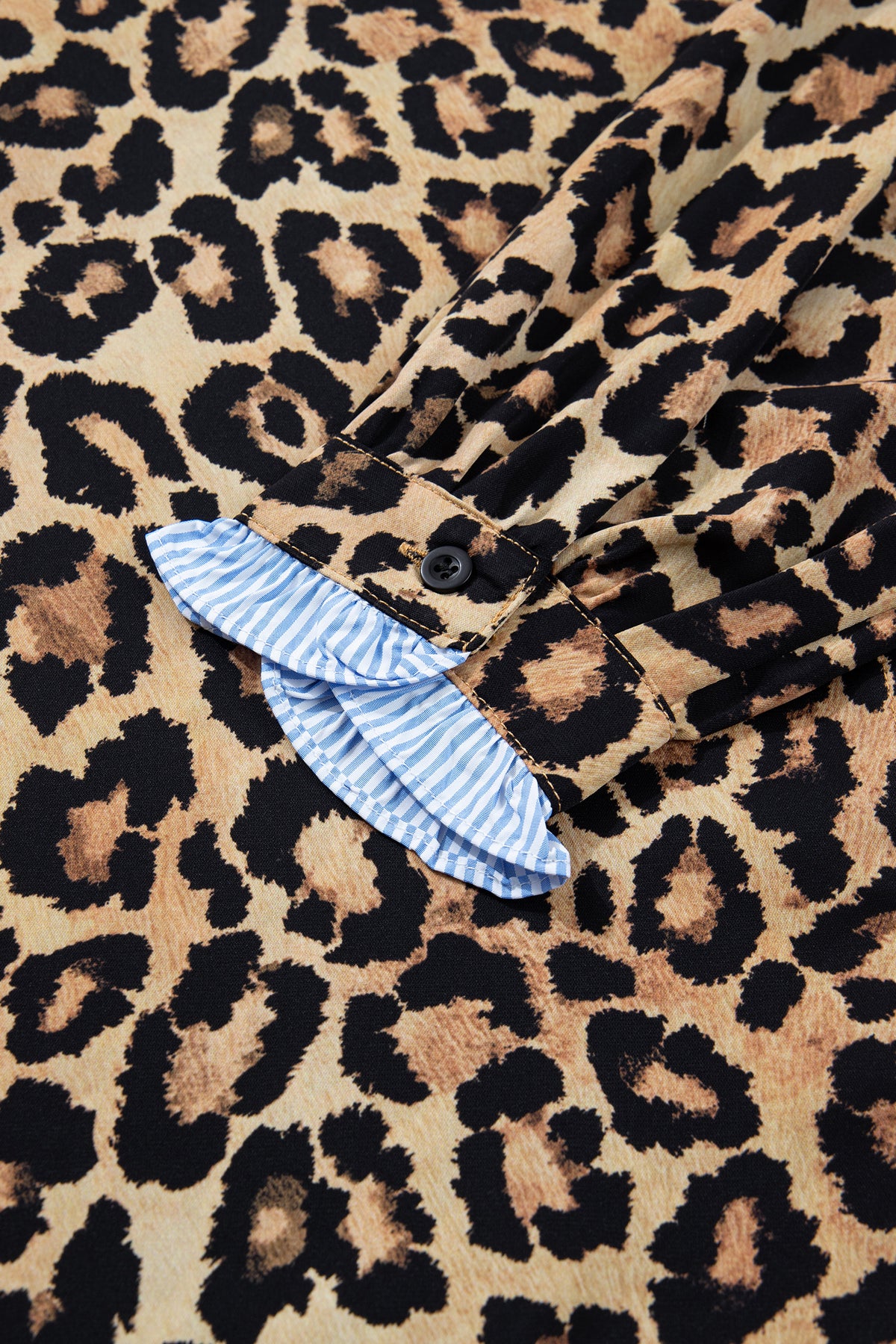 Stylish KaleaBoutique Wild Leopard Print Contrast Striped Frilled Trim Chic Shirt - KaleaBoutique.com