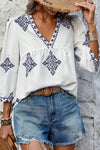 KaleaBoutique Boho Geometric Print Bracelet Sleeve V Neck Blouse - KaleaBoutique.com