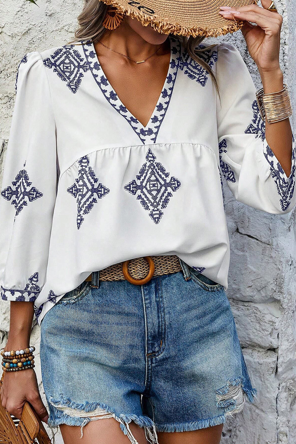 KaleaBoutique Boho Geometric Print Bracelet Sleeve V Neck Blouse - KaleaBoutique.com