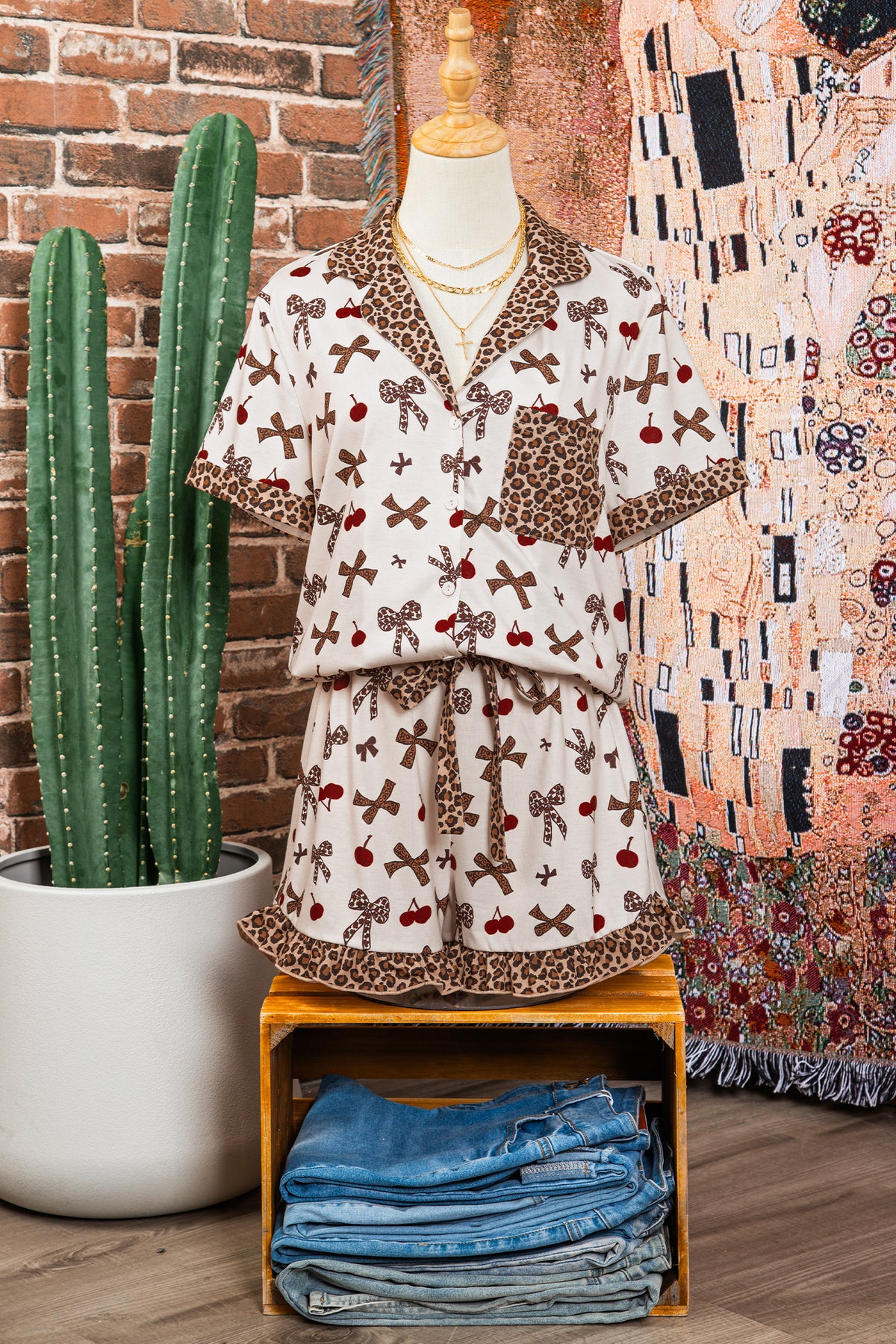 KaleaBoutique Stylish Chic Bow Cherry Printed Leopard Contrast Patchwork Shirt Drawstring Shorts 2pcs PJ Set - KaleaBoutique.com
