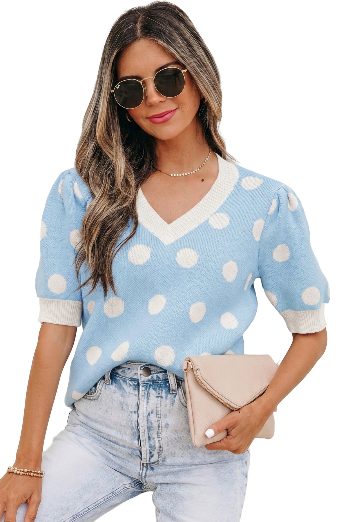 KaleaBoutique Comfortable Polka Dot Puff Short Sleeve Sweater Top - KaleaBoutique.com