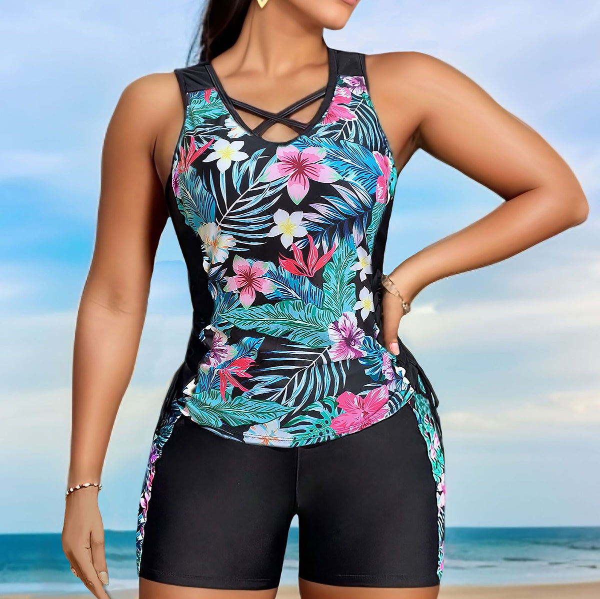 Women's Tropical Floral Crisscross-Neck Top and Shorts 2 PC Tankini Set - KaleaBoutique.com
