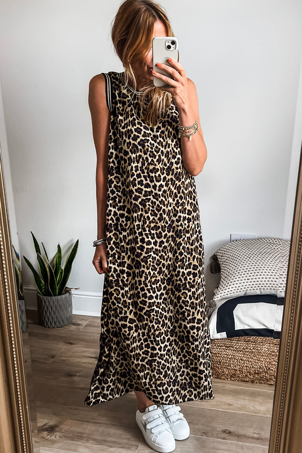 KaleaBoutique Stylish Contrast Striped Trim Leopard Sleeveless Maxi Dress - KaleaBoutique.com