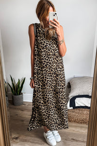 KaleaBoutique Stylish Contrast Striped Trim Leopard Sleeveless Maxi Dress - KaleaBoutique.com