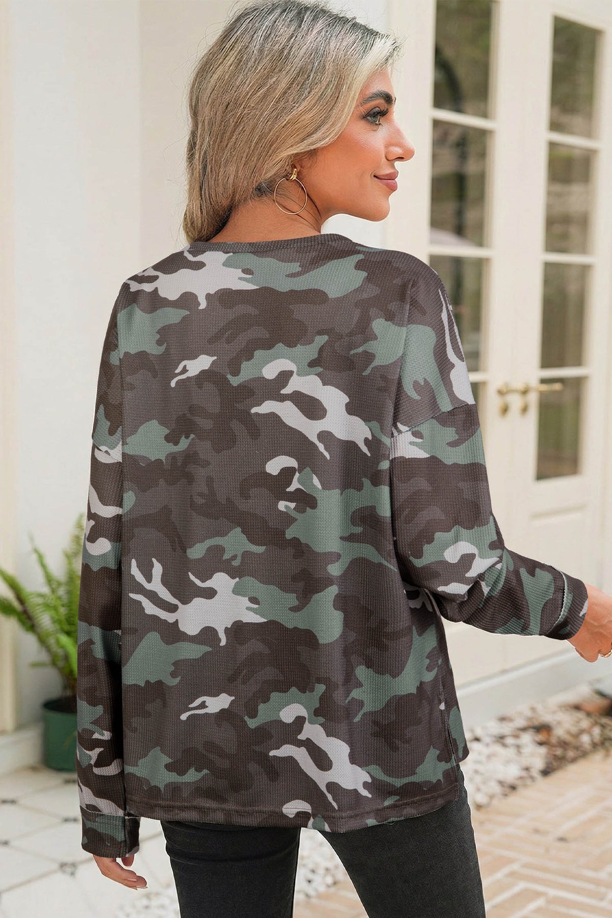Camouflage Print Textured Drop Shoulder Long Sleeve Top - KaleaBoutique.com