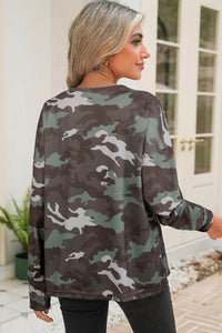 Camouflage Print Textured Drop Shoulder Long Sleeve Top - KaleaBoutique.com