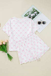 KaleaBoutique Stylish Bow Knot Geometric Print Lettuce Trim Two Piece Lounge Set - KaleaBoutique.com